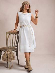 Freevana Plus Size Solid Color Sleeveless Round Neck Midi Dress,Beach Dress Sundress,Holiday Outfits Boho