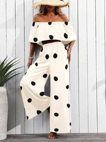 SHEIN PETITE Women's Summer New Off Shoulder Ruffle Hem Pants Set (Printed Pattern) - Apricot - View 6