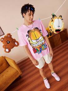 GARFIELD | SHEIN 男士字母卡通图案圆领短袖T恤 - 粉色 - 查看 6