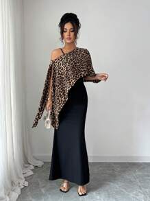 Elenzga 女士豹纹肩部裹身连衣裙套装，搭配罗纹吊带裙，优雅两件套 - 黑色 - 查看 3