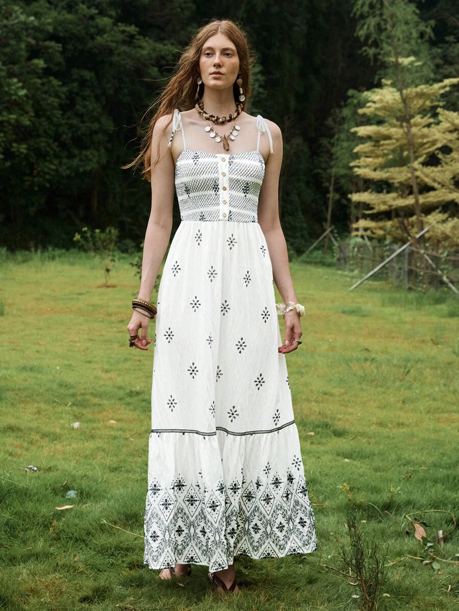 Florisole Women's White Boho Midi Dress Sleeveless Spaghetti Strap Summer Dress With Ruffle Hem And Geometric Print - White - View 1