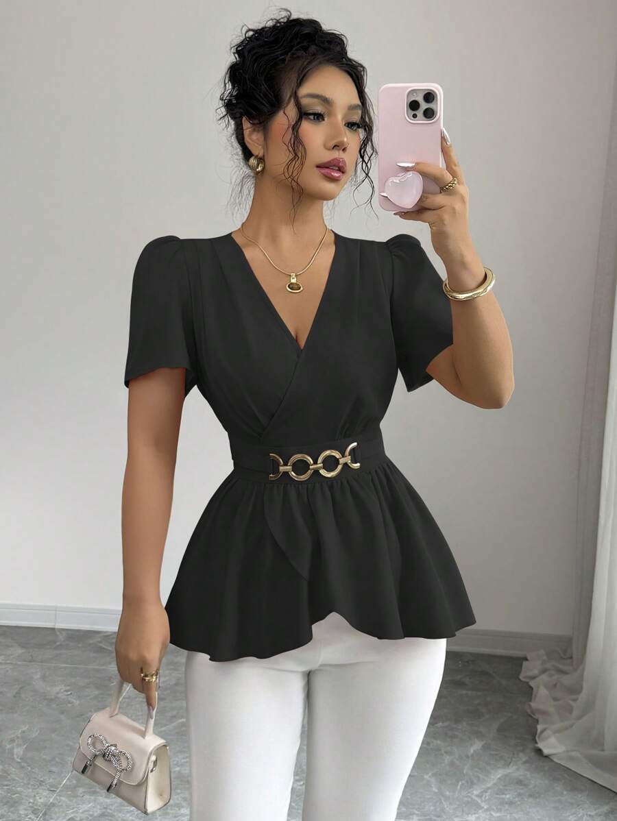 Elenzga Nueva blusa de mujer de tejido tejido con cuello en V, con manga con volantes, decoración de botón en la cintura, diseño de volantes en el bajo cruzado, blusa elegante y versátil de corte ajustado - Negro - Ver 1