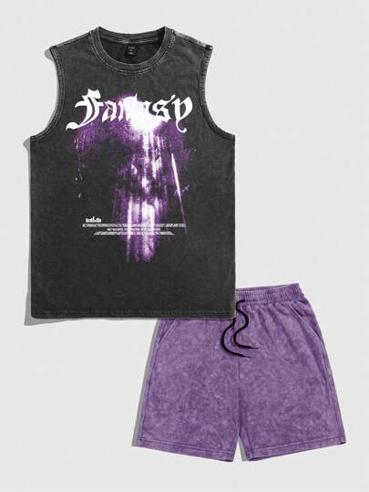 Goth Men's Summer Casual Slogan Print Tank Top And Shorts Set