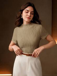 Anewsta 夏季、优雅、度假、节日、海滩、节日、Oldmoney 春季优雅休闲女士针织纹理抗皱百搭杏色短袖 T 恤 - 卡其色 - 查看 4