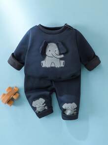 SHEIN 新生儿休闲日常可爱趣味卡通大象印花 3D 象耳设计圆领长袖卫衣和长裤套装，适合外出、居家和摄影 - 藏蓝色 - 查看 1