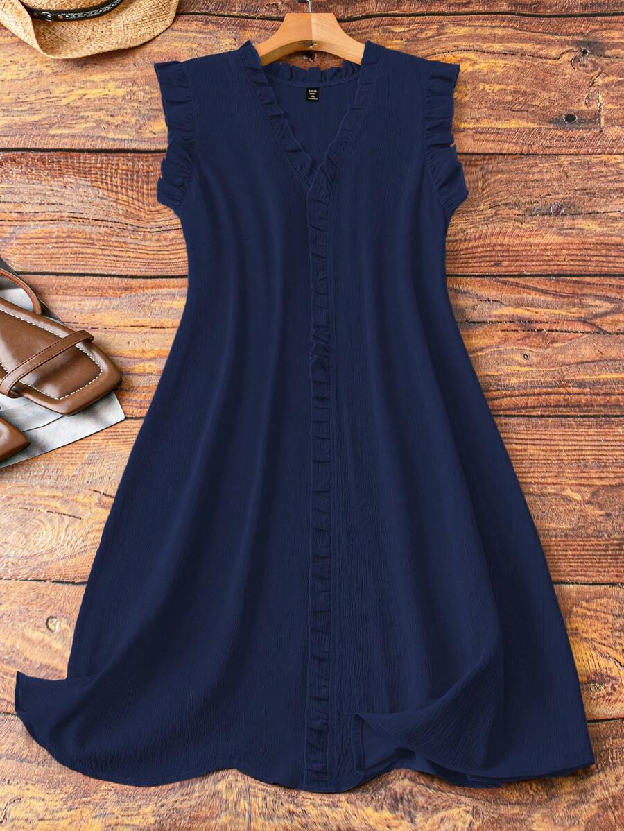 SHEIN LUNE Đầm thường ngày không tay xếp nếp cổ chữ V & bo gấu cỡ lớn cho nữ, thoải mái khi đi làm hàng ngày - Màu xanh hải quân - Xem 1