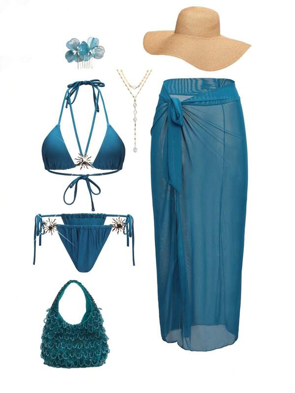 Swim Oasis Set de 3 piese pentru înot: Costume de baie pentru femei, vară, plajă, vacanță, top solid cu halter, slip cu legături laterale și fustă de acoperire