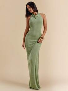 SHEIN BAE Vestido de mujer con cuello con vuelo y espalda descubierta de unicolor, vestido largo elegante ajustado con bajo de sirena en colores verde salvia y pistacho, vestido para vacaciones - Verde - Ver 4