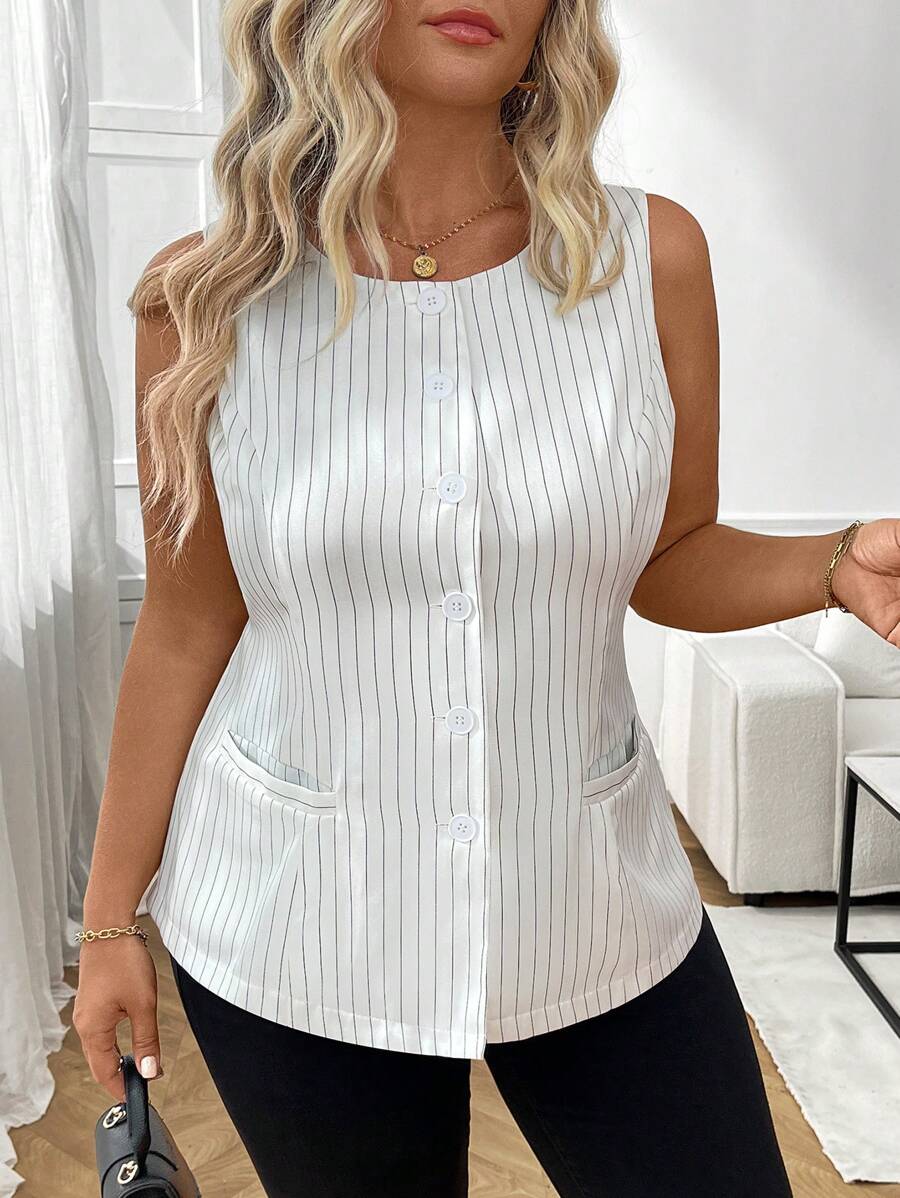 SHEIN Clasi Plus Size Women Woven Regular Spring/Summer Casual Sleeveless Round Neck Striped Lightweight Blazer Graduation,Back To School,Teacher Outfits For Women - White - View 1