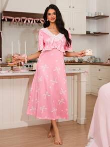 蝴蝶结蕾丝拼布荷叶边下摆休闲夏季女式睡袍