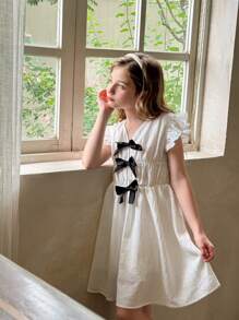 LMoss Kids Tween-Mädchen Einfarbiges, figurbetontes Lässig Kleid mit V-Ausschnitt - Weiss - Übersicht 5