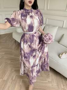 Modelyn 休闲扎染印花荷叶边下摆女式连衣裙