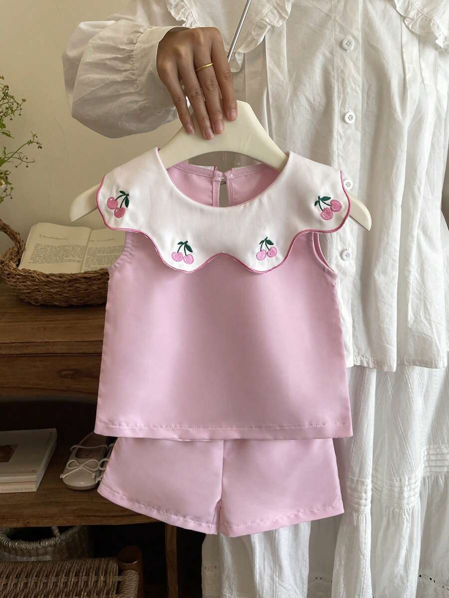 SHEIN 2pcs Baby Girl Cute Cake And Floral Print Sleeveless Top And Shorts Set, Casual For Spring And Summer - Pink - View 1