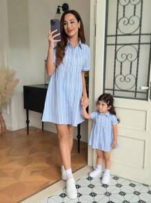 SHEIN Babygirl 可爱夏日度假蓝白条纹短袖立领连衣裙 - 藍白色 - 查看 3