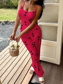 SHEIN 女士心形图案针织吊带背心和休闲裤睡衣套装，四季皆宜，舒适穿着 - 紅色 - 查看 6