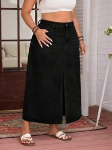 EMERY ROSE 大码女式休闲弹力牛仔迷你裙，春夏 - 黑色 - 查看 4