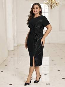 Ellevyn Plus Size Contrast Sequin  Dresses - Black - View 3