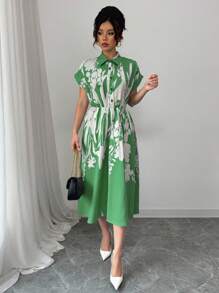 Rafferiza Women Bat Wing Sleeve Collared Belted Floral Print Dress - Green - View 6