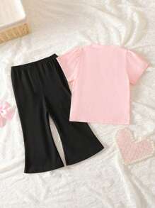 SHEIN 2 piezas Conjunto de ropa casual linda para niña bebé, blusa con manga corta con volantes y moño + pantalones largos acampanados, ropa dulce y versátil para niña bebé - Rosa - Ver 3