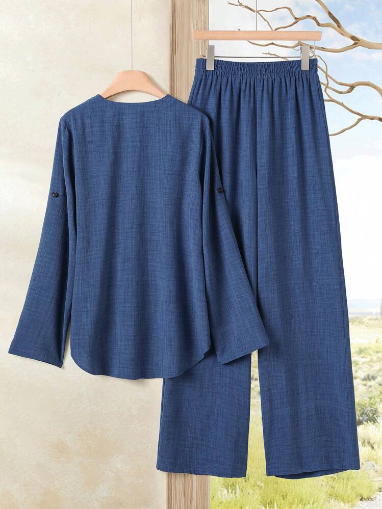 Rusticease Women Casual Solid Color Button Half Placket Roll Sleeve Top With Long Pants  Business Casual Woman  Teacher Outfits For Women  Modest - Navy Blue - View 2