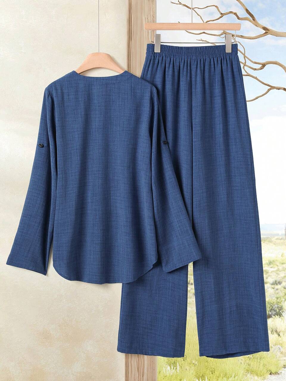Women Casual Solid Color Button Half Placket Roll Sleeve Top With Long Pants  Business Casual Woman  Teacher Outfits For Women  Modest