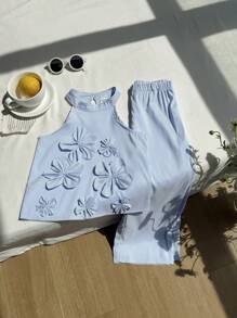SHEIN 2pcs/Set Baju Atasan Tanpa Lengan Bergaris dengan Dekorasi Bunga 3D & Celana Panjang untuk Anak Perempuan, Musim Panas - MultiWarna - View 6
