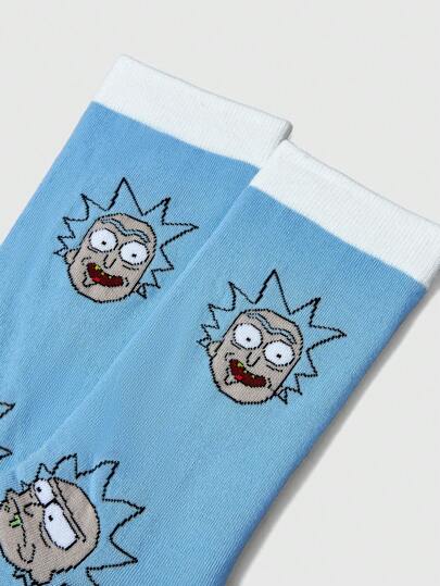 Rick and Morty X SHEIN 1双女士卡通图案拼色中筒袜，时尚