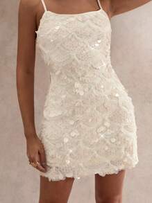 Glamine 女士休闲时尚串珠修身吊带背心迷你连衣裙，女士白色连衣裙，女士迷你连衣裙，女士白色迷你连衣裙，女士夏季连衣裙，女士度假装，女士白色连衣裙，优雅派对连衣裙，女士婚礼宾客连衣裙，白色亮片迷你连衣裙 - 杏色 - 查看 5