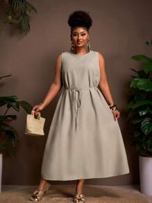 Veslaya 2025 新款春夏大码女装/商务休闲女装/西方女装/女士办公室服装/街头休闲/城市度假/毕业约会/优雅度假/派对/独立日女装/基础时尚优雅度假宽松亚麻圆领无袖口袋A字长裙系带腰裙卡其色连衣裙女士休闲中长裙