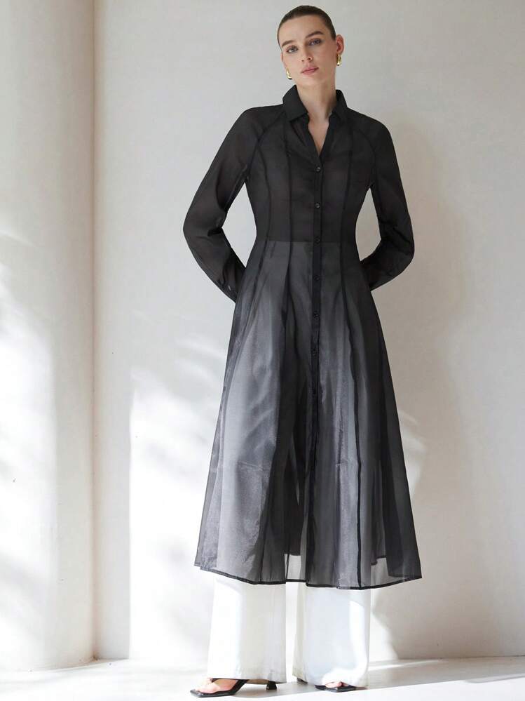 Aveloria Modichic Elegante, sexy y encantador vestido camisero con cuello en V, mangas largas abullonadas, cintura drapeada, detalles plisados y falda evasé en tela traslúcida con textura - Negro - Añade 5