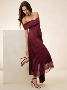 Anewsta Off-Shoulder Kleid mit geraffter Taille, französischer Stil mit Falten - Bordeaux - Übersicht 1