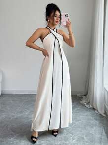 Elenzga Women's Summer Elegant Vacation Apricot Color Block Criss-Cross Backless A-Line Dress