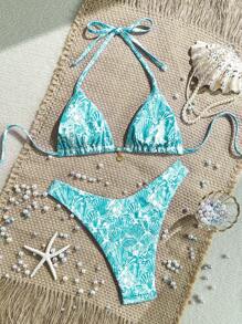 Swim Mod 两件套夏季海滩度假细肩带随机印花高开叉比基尼泳装 - 彩色 - 查看 2