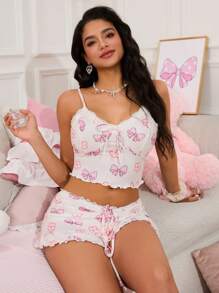 SHEIN Casual Underwear&Sleepwear Bow Print Lace Trim Camisole Women Pajama Set - Multicolor - View 6