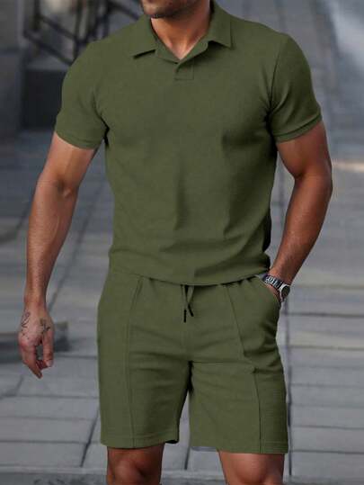 Manfinity Homme Men's Solid Color Polo Shirt And Shorts Set, Casual & Minimalist For Daily Wear Men Two Piece Set Summer Men Co Ord Set Men Summer Sweatsuit Casual Two Piece Set Men Khaki Men Set