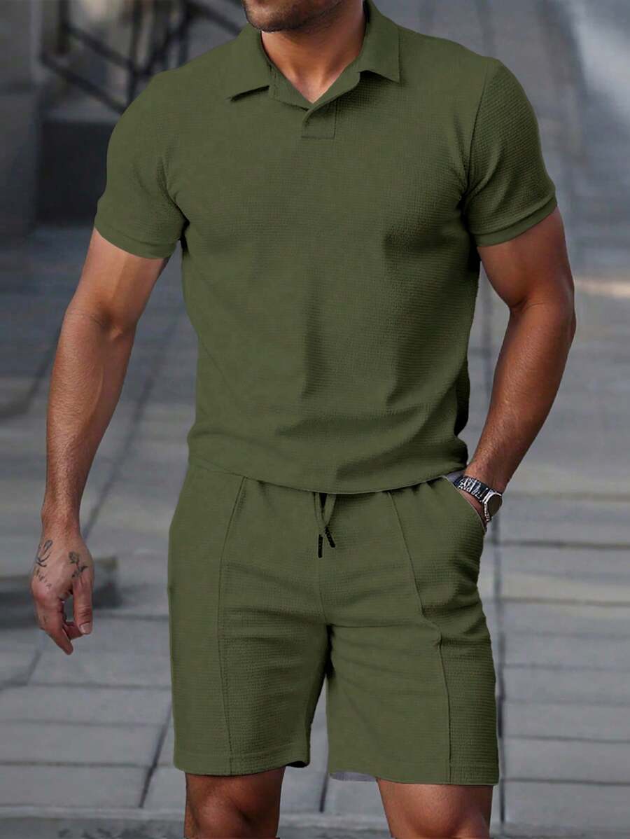 Manfinity Homme Bộ áo thun polo và quần short trơn màu cho nam, giản dị và tối giản để mặc hàng ngày - xanh quân đội - Xem 1