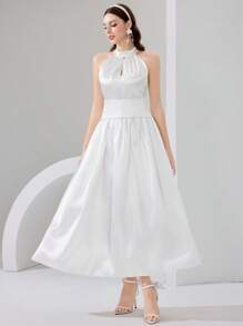 Poshira Women's Elegant Draped Neck Ruched Waist Formal Dress, Cocktail Dress - White - View 5