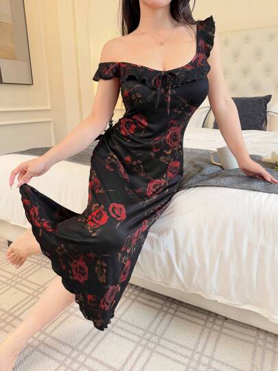 SHEIN Napfluff 女士优雅花卉印花柔软舒适睡袍