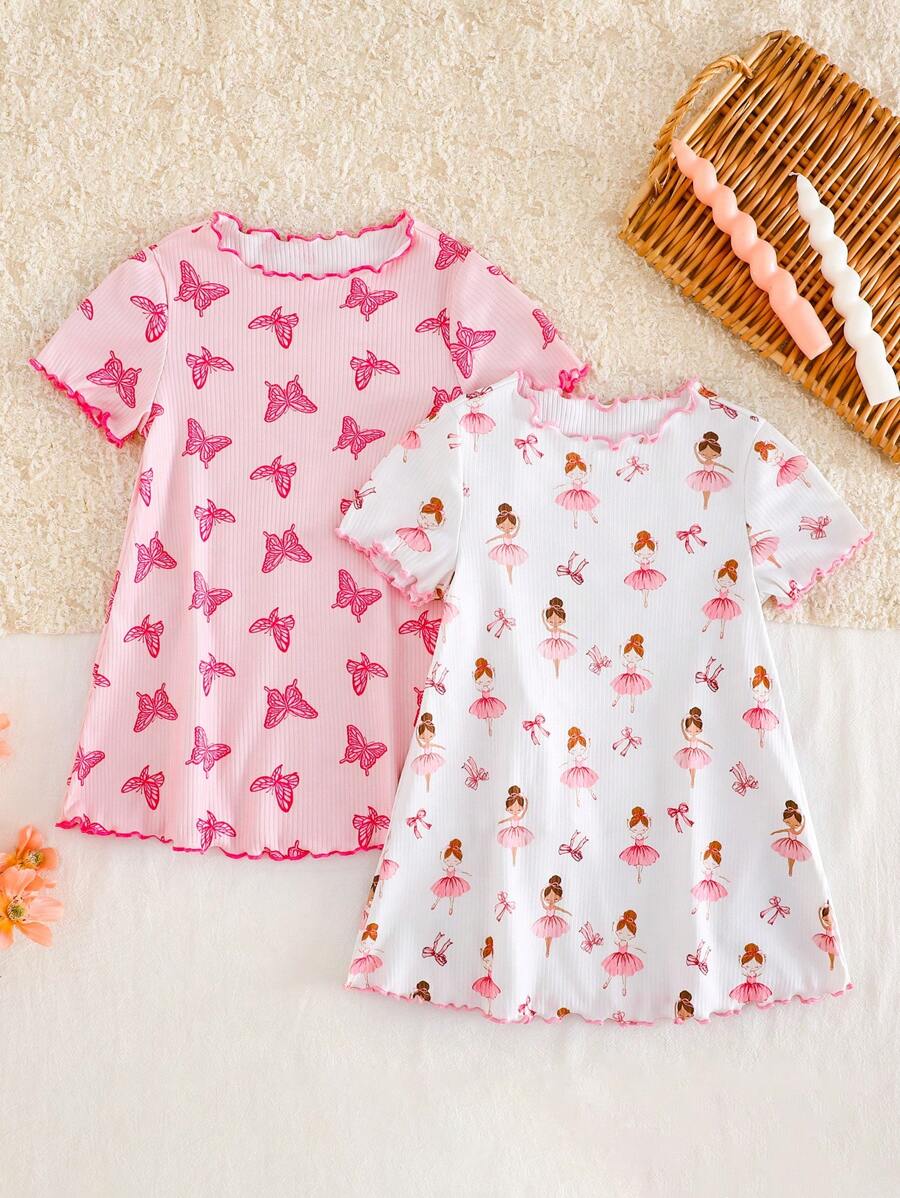 2pcs/Set Baby Girl Butterfly Pattern Ruffle Trim Round Neck Loose Comfortable Knit Nightgown - Multicolor - View 1