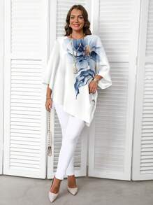EMERY ROSE Blusa plus size con stampa floreale su tutta la superficie, design asimmetrico minimale blu e bianco, maniche a 3/4, adatta per la primavera/estate, stile casual da resort