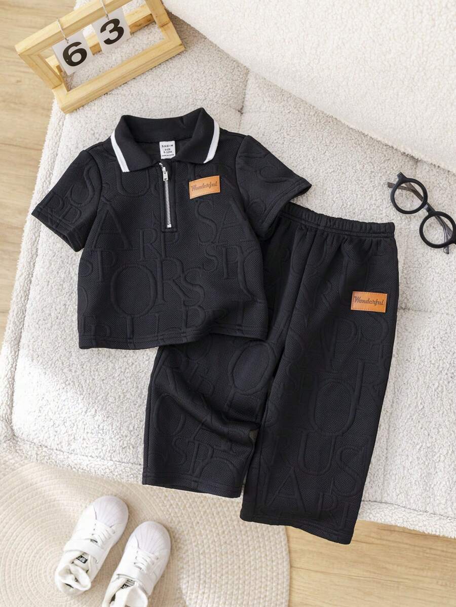 SHEIN 2 Stücke/Set süßer vielseitiger Collegestyle Poloshirt und Hose mit Gummibund für Kleinkind Jungen
