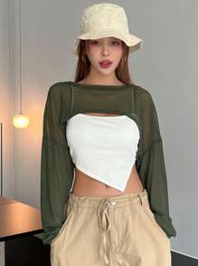 DAZY Top corto sin camiseta interior, manga larga, ropa de vuelta al colegio para mujeres - Verde Oliva - Ver 8