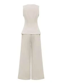 SHEIN PETITE Ensemble 2 pièces en couleur unie, débardeur col V et pantalon large décontracté pour le travail - Gris pâle - Voir 8