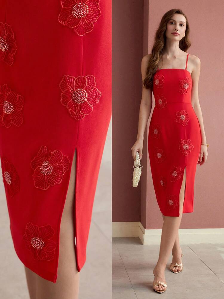 APPLIQUES SPLIT THIGH DRESS