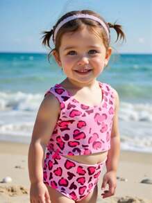 SHEIN Babygirl 夏季可爱休闲针织粉色豹纹泳衣 - 粉色 - 查看 8