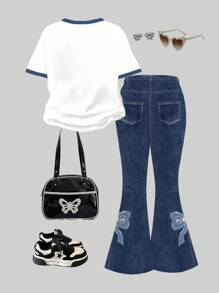 SHEIN 复古蕾丝拼布蝴蝶结设计，年轻女孩休闲卡通图案圆领短袖T恤和喇叭裤两件套，清凉夏日 - 彩色 - 查看 2