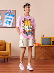 GARFIELD | SHEIN 男士字母卡通图案圆领短袖T恤 - 粉色 - 查看 5