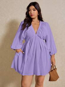 Elaquor Plus Size Women Cotton V-Neck 3/4 Sleeve Short Dress Spring To Summer Fall - Lilac Purple - View 8