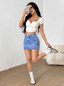 SHEIN Summer Cherry Embroidery Denim Mini Skirt - Light Wash - View 5