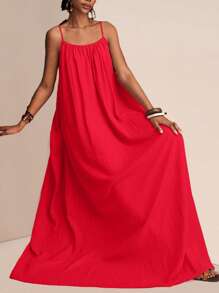 Zivah 2025 年夏季新品 - 音乐节、复活节、圣帕特里克节、西部风格、游牧风格、生日派对、毕业季、学生装、日常休闲、百搭百搭、休闲、邮轮旅行、海滩、日光浴、病毒式传播、细肩带、可调节扣、垂直纹理、宽松版型、卡其色女装 - 紅色 - 查看 4